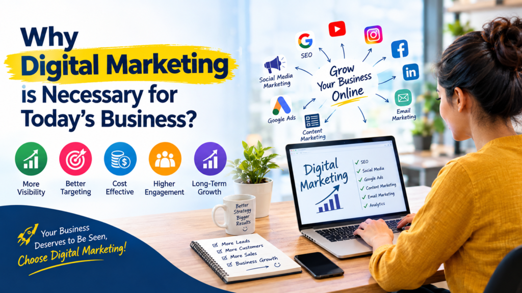 Digital Marketing illustration showing SEO, social media marketing, Google Ads, content marketing, email marketing, and business growth strategies for modern businesses.